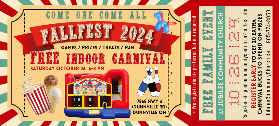 Fallfest 2024 Flyer - Free Indoor Carnival on Saturday, October 26, 2024 at Jubilee Community Church in Dunnville